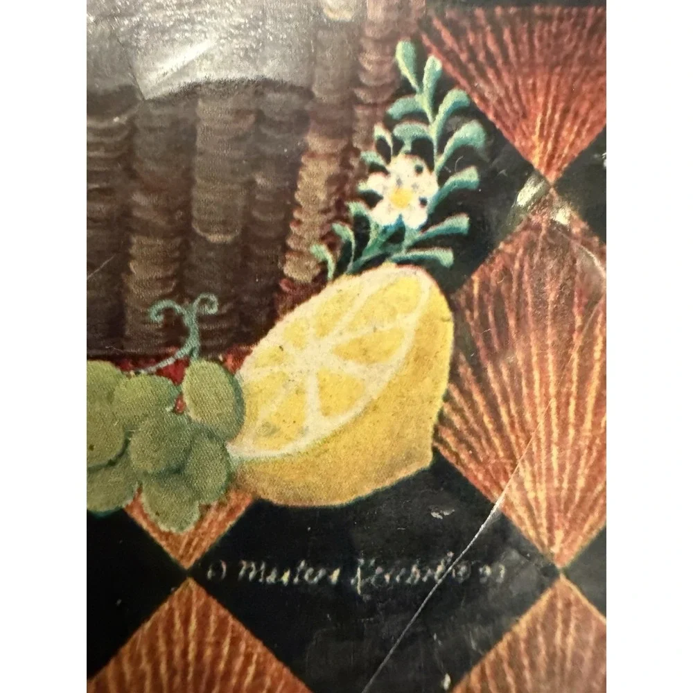 8‎ square coasters folk art-style design of a basket filled with fruit